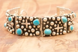 Genuine Sleeping Beauty Turquoise Sterling Silver Cross Bracelet